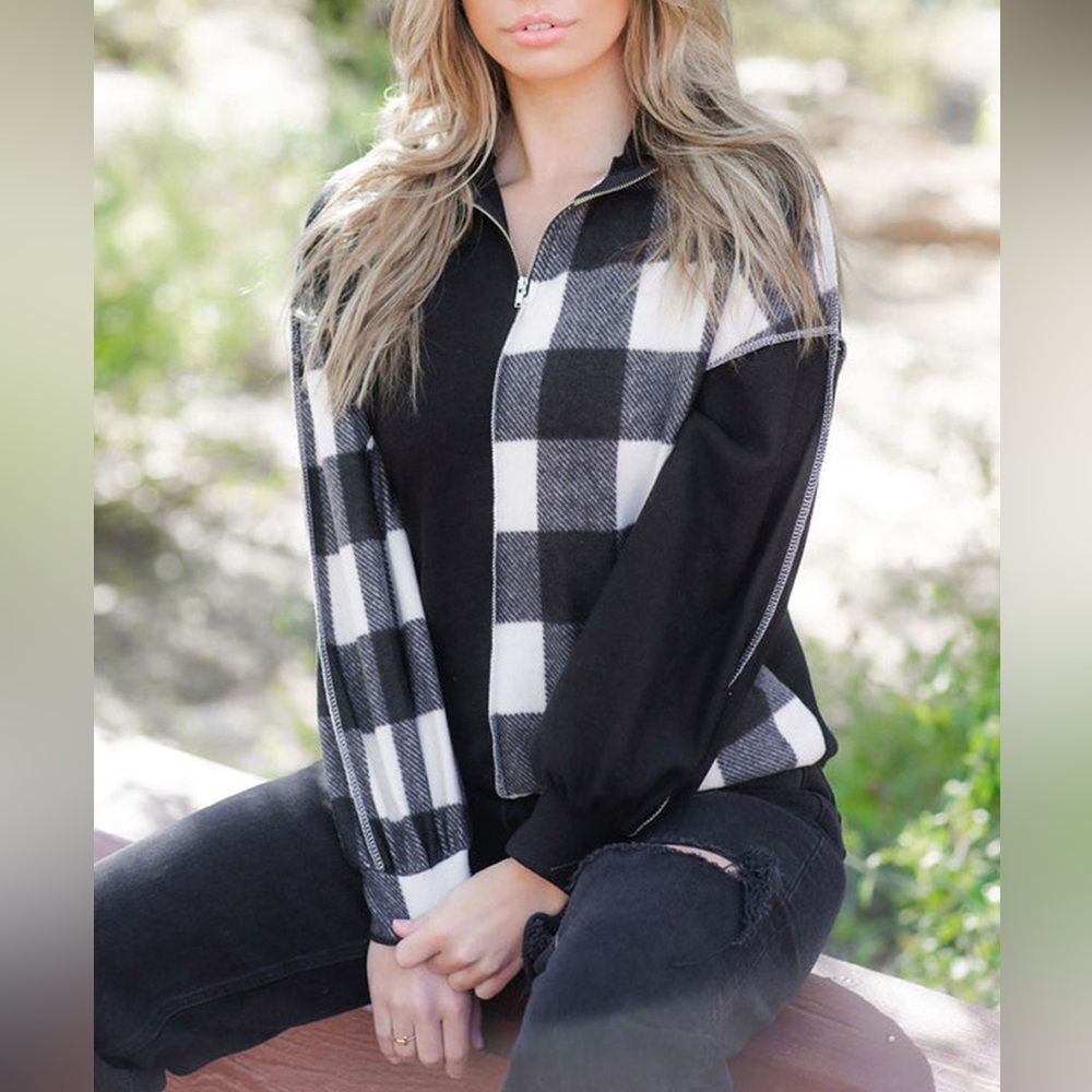 BiBi Black Checkboard Patchwork Exposed Stitching Collared Top women’s sz M